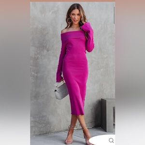 VICI ROXETTE RIBBED OFF THE SHOULDER MIDI DRESS - ORCHID